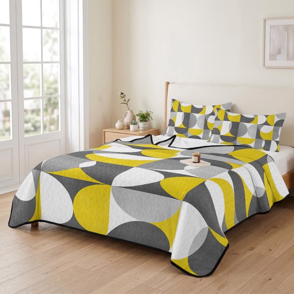 king Quilt Bedding Set, Nordic Medieval Splicing Half Circle Lightweight Coverlet Summer Comforter Set Soft Microfiber Bedspread, Yellow Grey Abstract 3 Piece Quilt Set with 2 Pillow Shams