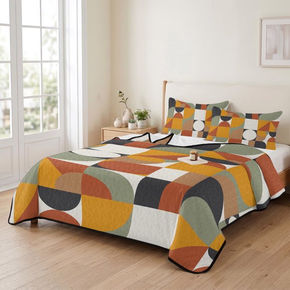 king Quilt Bedding Set, Nordic Mid Century Retro Color Block Lightweight Coverlet Summer Comforter Set Soft Microfiber Bedspread, Abstract Geometric Half Circle 3 Piece Quilt Set with 2 Pillow Shams