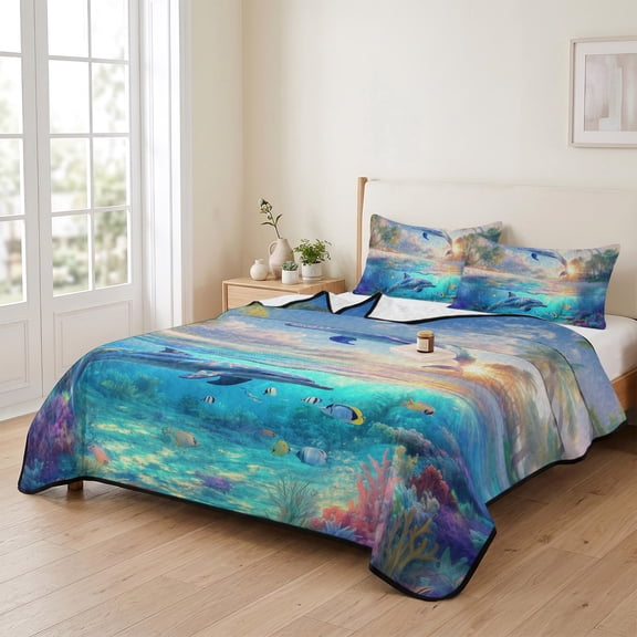 king Quilt Bedding Set, Ocean Dolphin Beach Coconut Tree Lightweight Coverlet Summer Comforter Set Soft Microfiber Bedspread, Coral Ocean World 3 Piece Quilt Set with 2 Pillow Shams All Seasons Use