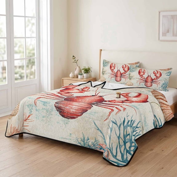 king Quilt Bedding Set, Ocean Red Lobster Shell Coral on Retro Lightweight Coverlet Summer Comforter Set Soft Microfiber Bedspread, Underwater World 3 Piece Quilt Set with 2 Pillow Shams