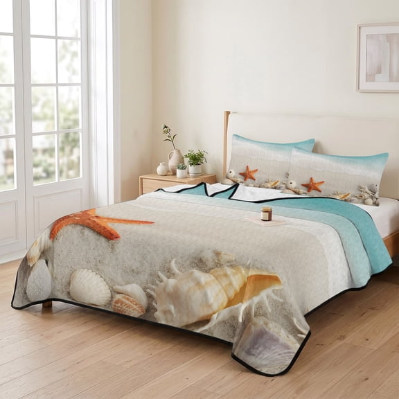 king Quilt Bedding Set, Oceans Beach Sea Shell Starfish Lightweight Coverlet Summer Comforter Set Soft Microfiber Bedspread, Summer Marine Theme 3 Piece Quilt Set with 2 Pillow Shams All Seasons Use