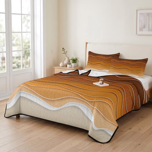 king Quilt Bedding Set, Orange Gradient Water Ripple Lightweight Coverlet Summer Comforter Set Soft Microfiber Bedspread, Summer Beach Sand 3 Piece Quilt Set with 2 Pillow Shams All Seasons Use