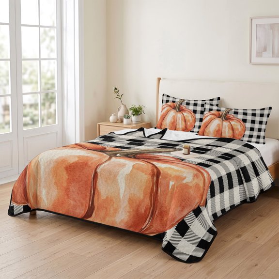 king Quilt Bedding Set, Orange Pumpkin Fall Thanksgiving Lightweight Coverlet Summer Comforter Set Soft Microfiber Bedspread, Black Buffalo Plaid Retro Linen 3 Piece Quilt Set with 2 Pillow Shams
