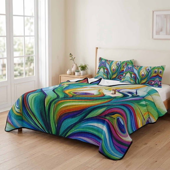 king Quilt Bedding Set, Peacock Feathers Colorful Gradient Lightweight Coverlet Summer Comforter Set Soft Microfiber Bedspread, Vibrant Abstract Art 3 Piece Quilt Set with 2 Pillow Shams
