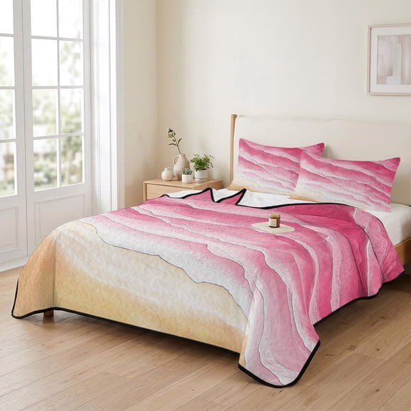 king Quilt Bedding Set, Pink Gradient Waves Ocean Lightweight Coverlet Summer Comforter Set Soft Microfiber Bedspread, Summer Beach Coastal 3 Piece Quilt Set with 2 Pillow Shams All Seasons Use