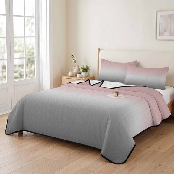 king Quilt Bedding Set, Pink Gray Gradient Lightweight Coverlet Summer Comforter Set Soft Microfiber Bedspread, Modern Minimalist Ombre Style 3 Piece Quilt Set with 2 Pillow Shams All Seasons Use