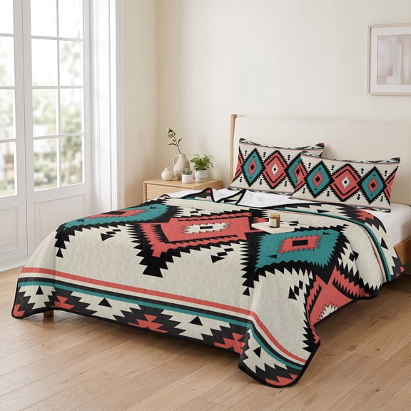 king Quilt Bedding Set, Red Green Aztec Geometric Art Lightweight Coverlet Summer Comforter Set Soft Microfiber Bedspread, Boho Vintage Abstract 3 Piece Quilt Set with 2 Pillow Shams All Seasons Use