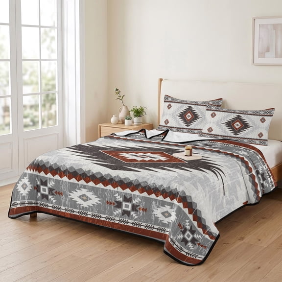 king Quilt Bedding Set, Retro Aztec Geometric Abstract Lightweight Coverlet Summer Comforter Set Soft Microfiber Bedspread, Red Grey Mottled Geometric 3 Piece Quilt Set with 2 Pillow Shams