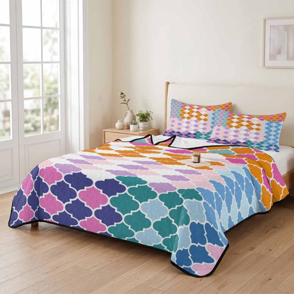 king Quilt Bedding Set, Retro Colorful Moroccan Pattern Lightweight Coverlet Summer Comforter Set Soft Microfiber Bedspread, Modern Minimalist Aesthetics 3 Piece Quilt Set with 2 Pillow Shams