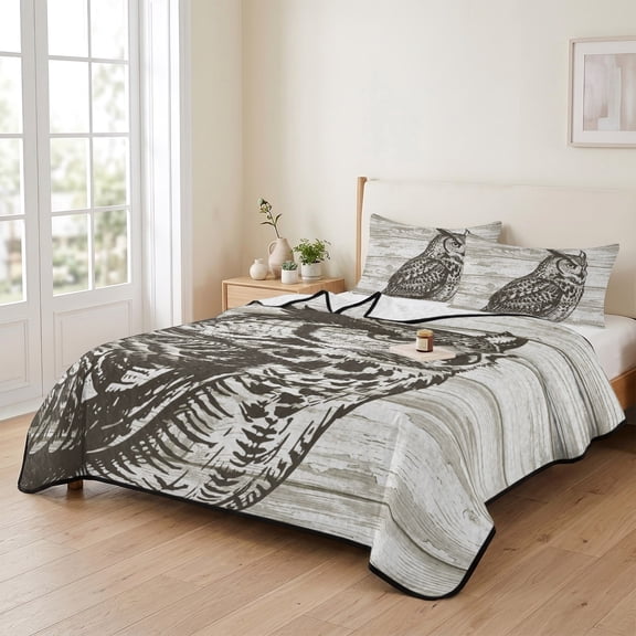 king Quilt Bedding Set, Retro Countryside Owls Lightweight Coverlet Summer Comforter Set Soft Microfiber Bedspread, Farm Woodcuts 3 Piece Quilt Set with 2 Pillow Shams All Seasons Use