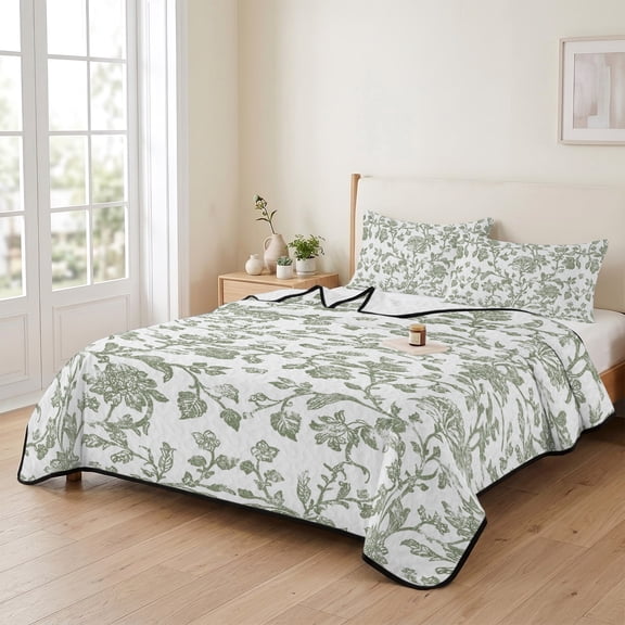 king Quilt Bedding Set, Retro French Country Farm Floral Lightweight Coverlet Summer Comforter Set Soft Microfiber Bedspread, Light Green Pastoral Flower 3 Piece Quilt Set with 2 Pillow Shams