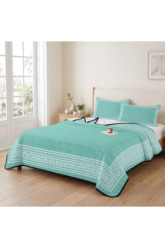 king Quilt Bedding Set, Retro Key Design Teal Burlap Lightweight Coverlet Summer Comforter Set Soft Microfiber Bedspread, Farm Geometric Art 3 Piece Quilt Set with 2 Pillow Shams All Seasons Use