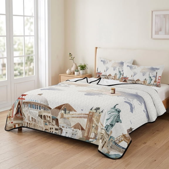 king Quilt Bedding Set, Retro Maps of The World Tourism Lightweight Coverlet Summer Comforter Set Soft Microfiber Bedspread, Abstract Graffiti Texture 3 Piece Quilt Set with 2 Pillow Shams