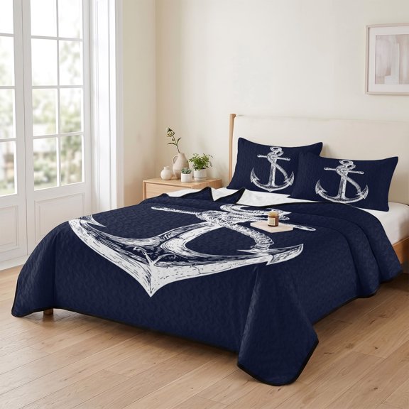 king Quilt Bedding Set, Retro Nautical Anchor Navy Blue Lightweight Coverlet Summer Comforter Set Soft Microfiber Bedspread, Seaside Minimalist Style 3 Piece Quilt Set with 2 Pillow Shams