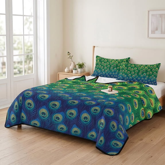 king Quilt Bedding Set, Retro Peacock Texture Pattern Lightweight Coverlet Summer Comforter Set Soft Microfiber Bedspread, Green Blue 3 Piece Quilt Set with 2 Pillow Shams All Seasons Use