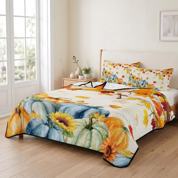 king Quilt Bedding Set, Retro Thanksgiving Pumpkins Lightweight Coverlet Summer Comforter Set Soft Microfiber Bedspread, Fall Maple Leaf on Letter 3 Piece Quilt Set with 2 Pillow Shams