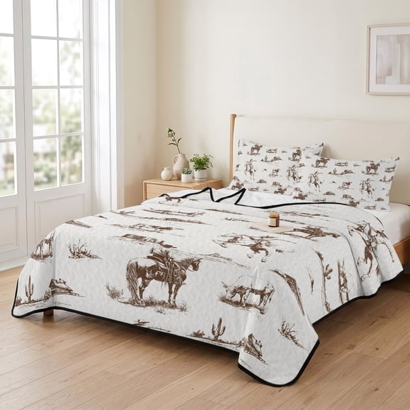 king Quilt Bedding Set, Retro Western Cowboy Lightweight Coverlet Summer Comforter Set Soft Microfiber Bedspread, Desert Horse Cactus 3 Piece Quilt Set with 2 Pillow Shams All Seasons Use