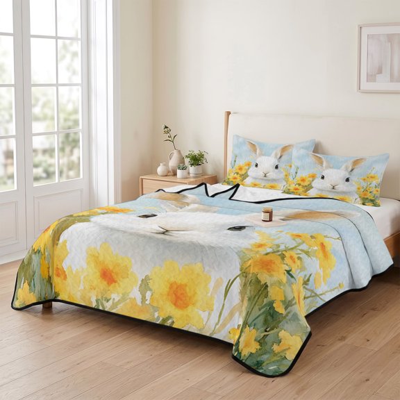 king Quilt Bedding Set, Rustic Farmhouse Rabbit Flower Lightweight Coverlet Summer Comforter Set Soft Microfiber Bedspread, Pastoral Yellow Floral Plant 3 Piece Quilt Set with 2 Pillow Shams