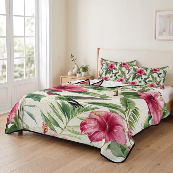 king Quilt Bedding Set, Rustic Hibiscus Flower Hummingbird Lightweight Coverlet Summer Comforter Set Soft Microfiber Bedspread, Summer Floral Leaf Bird 3 Piece Quilt Set with 2 Pillow Shams