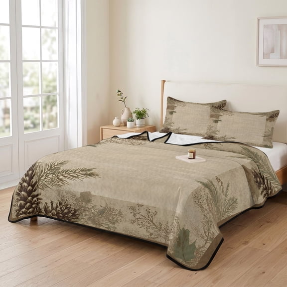 king Quilt Bedding Set, Rustic Pine Cones Leaves on Beige Lightweight Coverlet Summer Comforter Set Soft Microfiber Bedspread, Farmhouse Plants 3 Piece Quilt Set with 2 Pillow Shams All Seasons Use