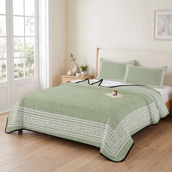 king Quilt Bedding Set, Sage Green Linen Burlap Key Lightweight Coverlet Summer Comforter Set Soft Microfiber Bedspread, Abstract Greek Inspired Texture 3 Piece Quilt Set with 2 Pillow Shams