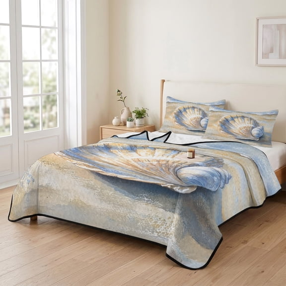 king Quilt Bedding Set, Seaside Shell Beach Ocean Waves Lightweight Coverlet Summer Comforter Set Soft Microfiber Bedspread, Summer Coastal Scenery 3 Piece Quilt Set with 2 Pillow Shams