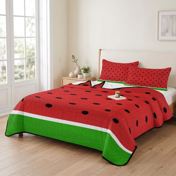 king Quilt Bedding Set, Simple Black Wave Points on Red Lightweight Coverlet Summer Comforter Set Soft Microfiber Bedspread, Summer Watermelon Seeds 3 Piece Quilt Set with 2 Pillow Shams