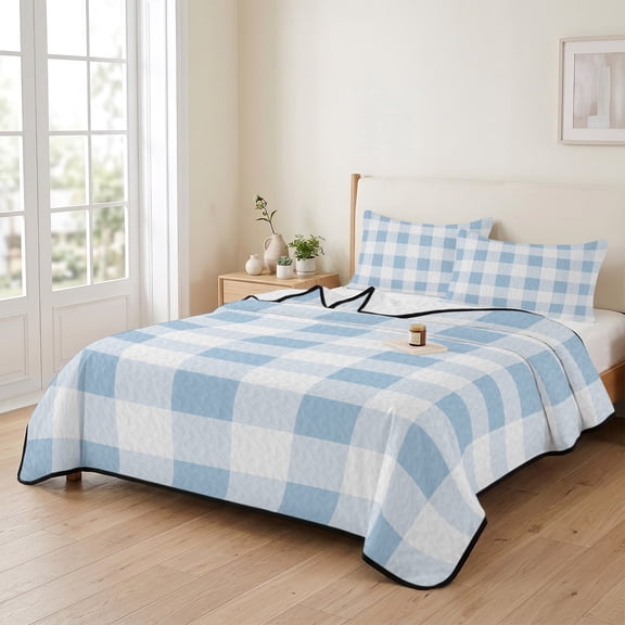 king Quilt Bedding Set, Simple Spring Blue White Lattice Lightweight Coverlet Summer Comforter Set Soft Microfiber Bedspread, Farmhouse Simplistic Gingham 3 Piece Quilt Set with 2 Pillow Shams