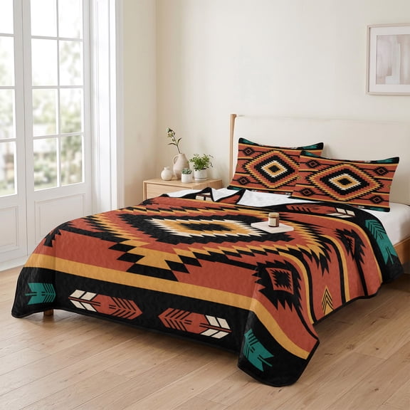 king Quilt Bedding Set, Southwest Aztec Tribe Texture Lightweight Coverlet Summer Comforter Set Soft Microfiber Bedspread, Abstract Ethnic Geometric Art 3 Piece Quilt Set with 2 Pillow Shams