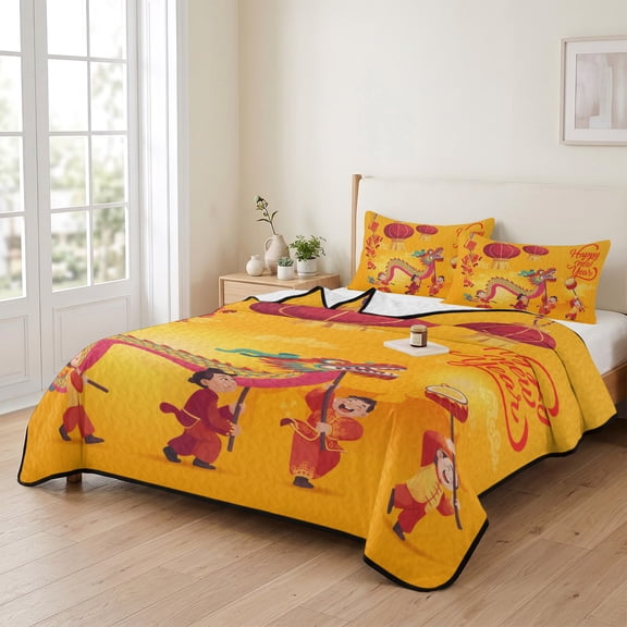 king Quilt Bedding Set, Spring Festival Dance Dragons Lightweight Coverlet Summer Comforter Set Soft Microfiber Bedspread, Happy New Year Words 3 Piece Quilt Set with 2 Pillow Shams All Seasons Use