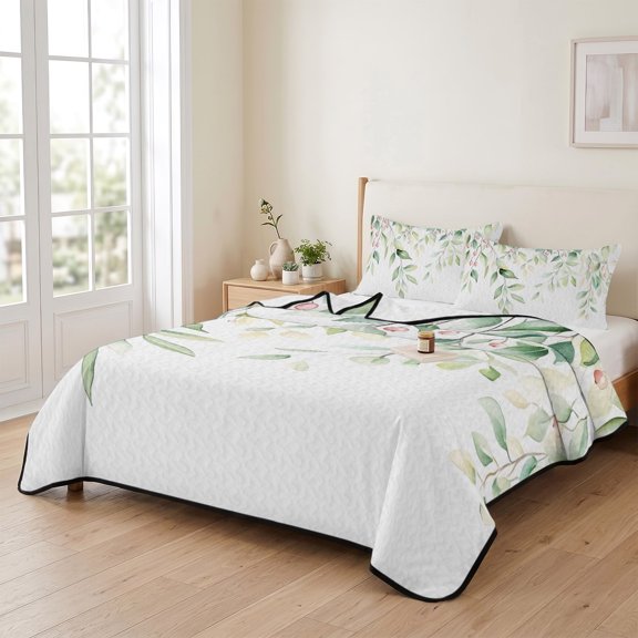 king Quilt Bedding Set, Spring Hanging Botanical Leaf Berry Lightweight Coverlet Summer Comforter Set Soft Microfiber Bedspread, Eucalyptus Leaves on White 3 Piece Quilt Set with 2 Pillow Shams