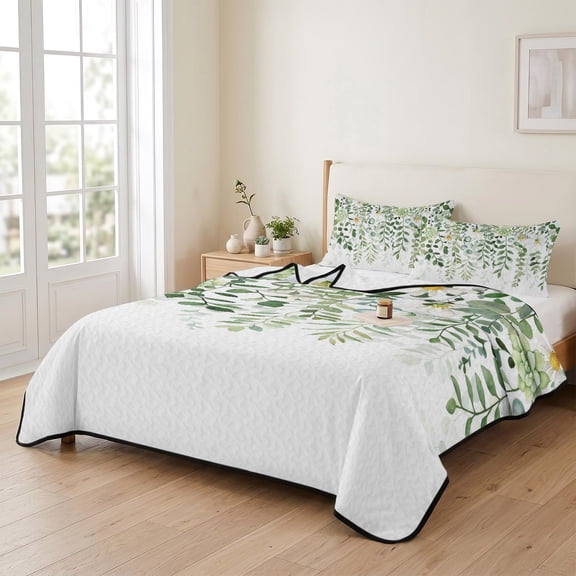 king Quilt Bedding Set, Spring Summer Succulent Eucalyptus Leaves Lightweight Coverlet Summer Comforter Set Soft Microfiber Bedspread, Sage Green White 3 Piece Quilt Set with 2 Pillow Shams