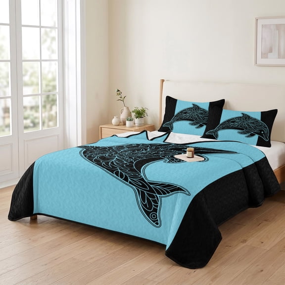 king Quilt Bedding Set, Summer Abstract Dolphin on Blue and Black Lightweight Coverlet Summer Comforter Set Soft Microfiber Bedspread, Abstract Flower 3 Piece Quilt Set with 2 Pillow Shams