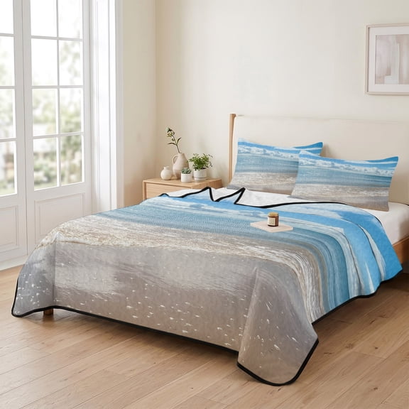 king Quilt Bedding Set, Summer Beach Ocean Wave Lightweight Coverlet Summer Comforter Set Soft Microfiber Bedspread, Coastal Seaside Scenery Theme 3 Piece Quilt Set with 2 Pillow Shams