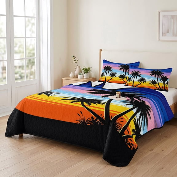 king Quilt Bedding Set, Summer Beach Palm Tree Lightweight Coverlet Summer Comforter Set Soft Microfiber Bedspread, Seaside Plant Rainbow Sunset 3 Piece Quilt Set with 2 Pillow Shams All Seasons Use