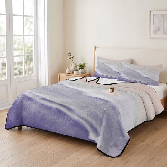 king Quilt Bedding Set, Summer Beach Sand Waves Purple Gradient Lightweight Coverlet Summer Comforter Set Soft Microfiber Bedspread, Water Ripple 3 Piece Quilt Set with 2 Pillow Shams All Seasons Use