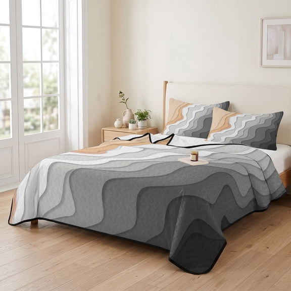 king Quilt Bedding Set, Summer Beach Waves Abstract Art Lightweight Coverlet Summer Comforter Set Soft Microfiber Bedspread, Gray Gradient Water Ripple 3 Piece Quilt Set with 2 Pillow Shams