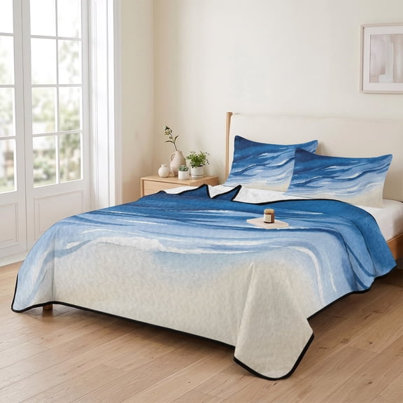 king Quilt Bedding Set, Summer Coastal Beach Scene Lightweight Coverlet Summer Comforter Set Soft Microfiber Bedspread, Blue Ombre Sea Wave Water Ripple 3 Piece Quilt Set with 2 Pillow Shams