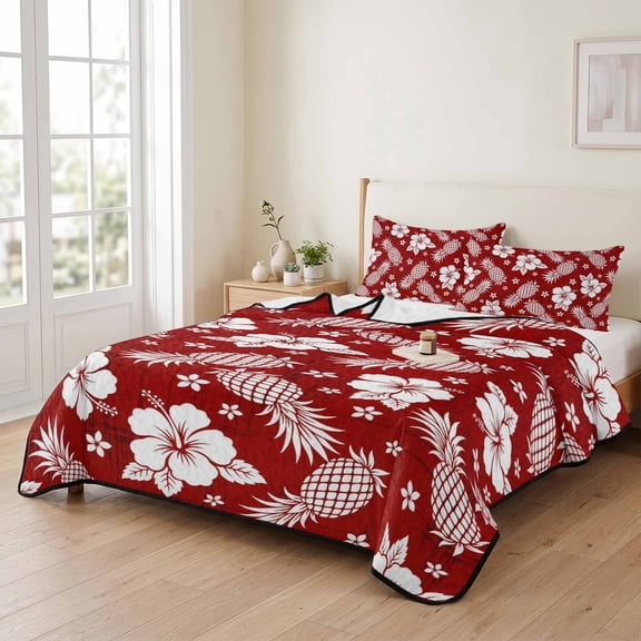 king Quilt Bedding Set, Summer Hibiscus Flower on Red Lightweight Coverlet Summer Comforter Set Soft Microfiber Bedspread, Summer Pineapple Floral 3 Piece Quilt Set with 2 Pillow Shams