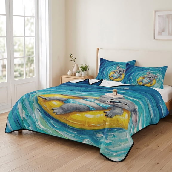 king Quilt Bedding Set, Summer Koala on Swimming Circle Lightweight Coverlet Summer Comforter Set Soft Microfiber Bedspread, Oil Painting Style Sea 3 Piece Quilt Set with 2 Pillow Shams