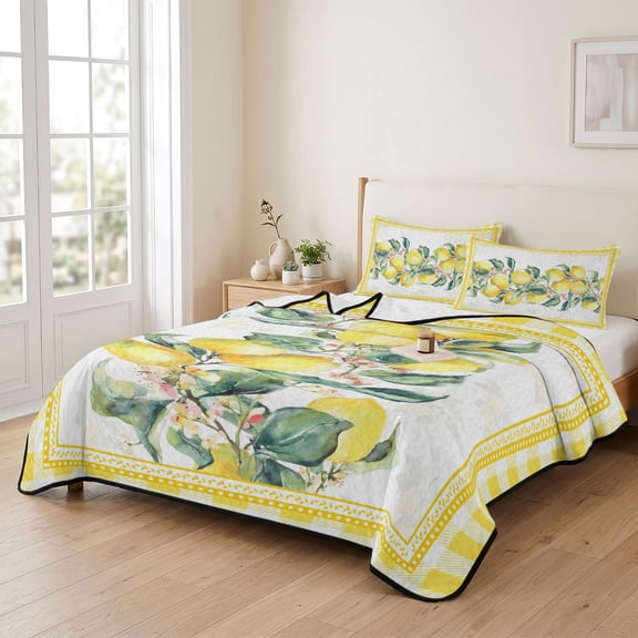 king Quilt Bedding Set, Summer Lemon Farm Sketch Leaf Lightweight Coverlet Summer Comforter Set Soft Microfiber Bedspread, Rural Fruit Yellow Buffalo Grid 3 Piece Quilt Set with 2 Pillow Shams