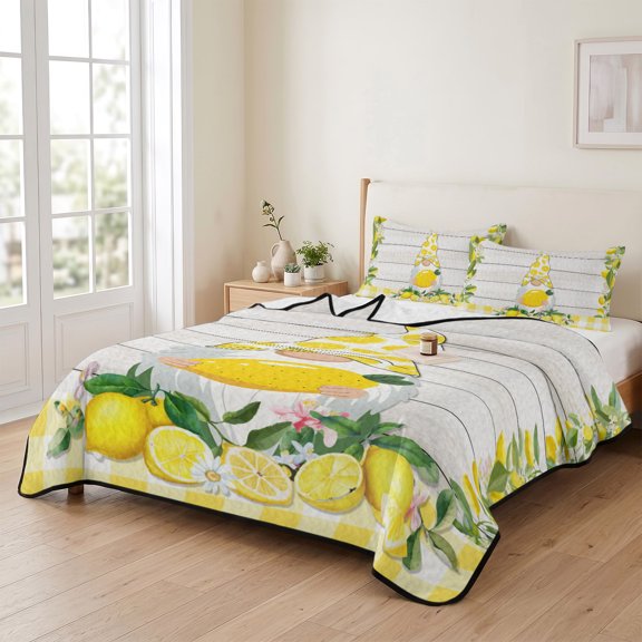 king Quilt Bedding Set, Summer Lemon Gnome Lightweight Coverlet Summer Comforter Set Soft Microfiber Bedspread, Yellow Grid on Rustic Wood Plank 3 Piece Quilt Set with 2 Pillow Shams All Seasons Use