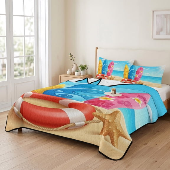 king Quilt Bedding Set, Summer Ocean Beach Surfboard Lightweight Coverlet Summer Comforter Set Soft Microfiber Bedspread, Swim Rings Starfish Blue Sky 3 Piece Quilt Set with 2 Pillow Shams