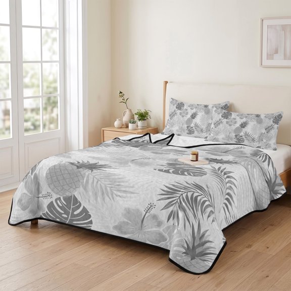 king Quilt Bedding Set, Summer Pineapple Hibiscus Lightweight Coverlet Summer Comforter Set Soft Microfiber Bedspread, Gray Tropical Monstera Palm Leaf 3 Piece Quilt Set with 2 Pillow Shams