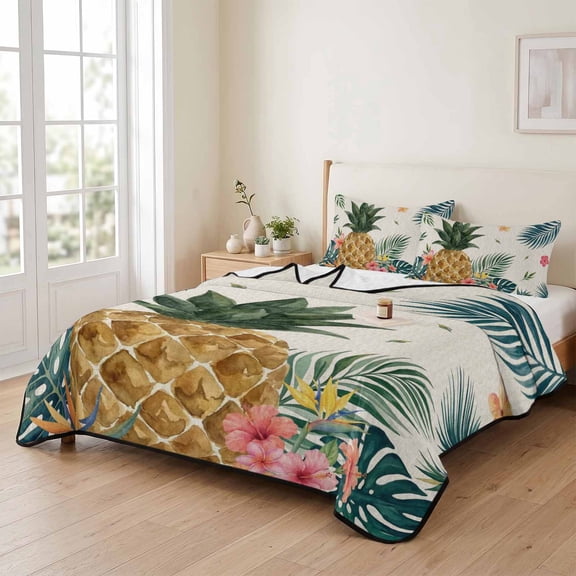 king Quilt Bedding Set, Summer Pineapple Monstera Lightweight Coverlet Summer Comforter Set Soft Microfiber Bedspread, Tropical Flower Leaf Retro Linen 3 Piece Quilt Set with 2 Pillow Shams