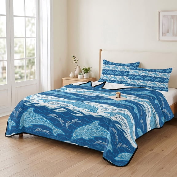 king Quilt Bedding Set, Summer Sea Dolphins Lightweight Coverlet Summer Comforter Set Soft Microfiber Bedspread, Blue White Waves 3 Piece Quilt Set with 2 Pillow Shams All Seasons Use