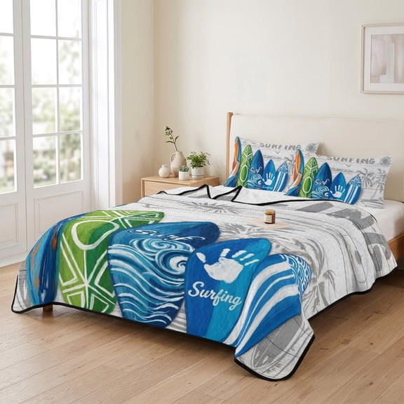 king Quilt Bedding Set, Summer Surfing Tropical Surfboard Palm Tree Lightweight Coverlet Summer Comforter Set Soft Microfiber Bedspread, Wood Board 3 Piece Quilt Set with 2 Pillow Shams