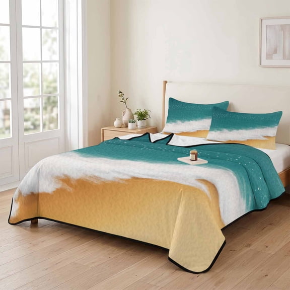 king Quilt Bedding Set, Summer Teal Ocean Wave Beach Lightweight Coverlet Summer Comforter Set Soft Microfiber Bedspread, Abstract Watercolor Coastal 3 Piece Quilt Set with 2 Pillow Shams