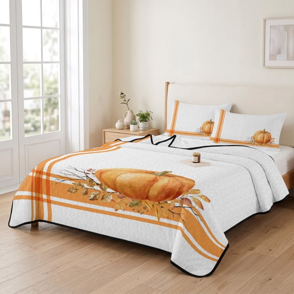 king Quilt Bedding Set, Thanksgiving Orange Pumpkin Lightweight Coverlet Summer Comforter Set Soft Microfiber Bedspread, Classic Geometric Striped 3 Piece Quilt Set with 2 Pillow Shams