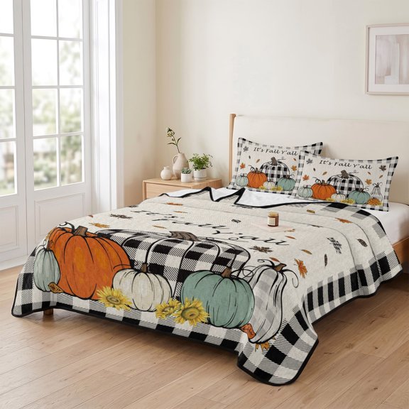 king Quilt Bedding Set, Thanksgiving Pumpkin Black Checker Lightweight Coverlet Summer Comforter Set Soft Microfiber Bedspread, Fall Maple Leaf Retro Linen 3 Piece Quilt Set with 2 Pillow Shams
